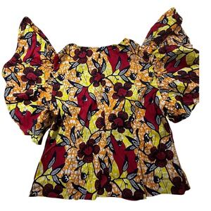 Shenbolen African Print Ruffle Sleeve Floral Top Yellow Red 4XL NEW